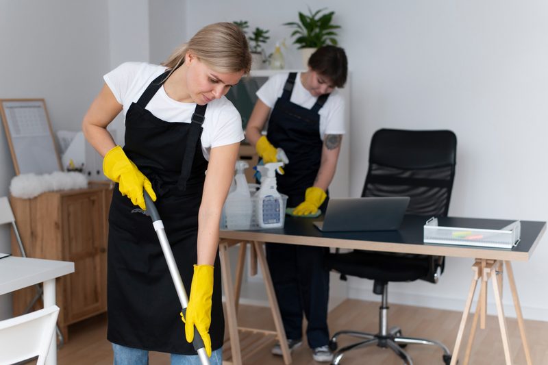 A Nixora crew cleaning an office workspace